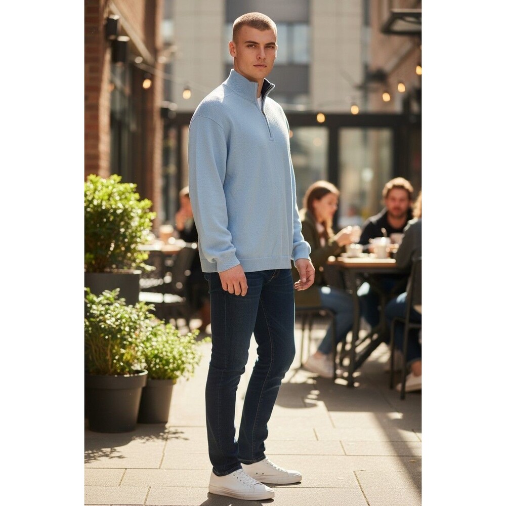 Caribbean Joe Men Quarter Zip Pullover Sweater L Cotton Knit Long Sleeve Blue